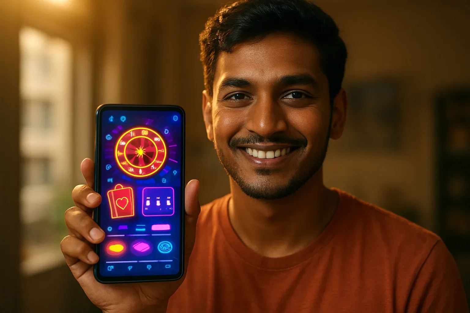 Young Bangladeshi man holding smartphone showing colorful casino app interface