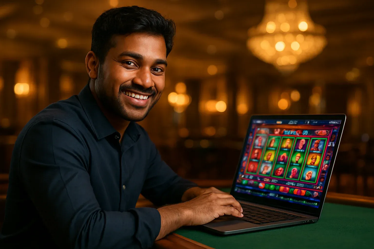 Cheerful Bangladeshi man with open laptop showing colorful casino interface