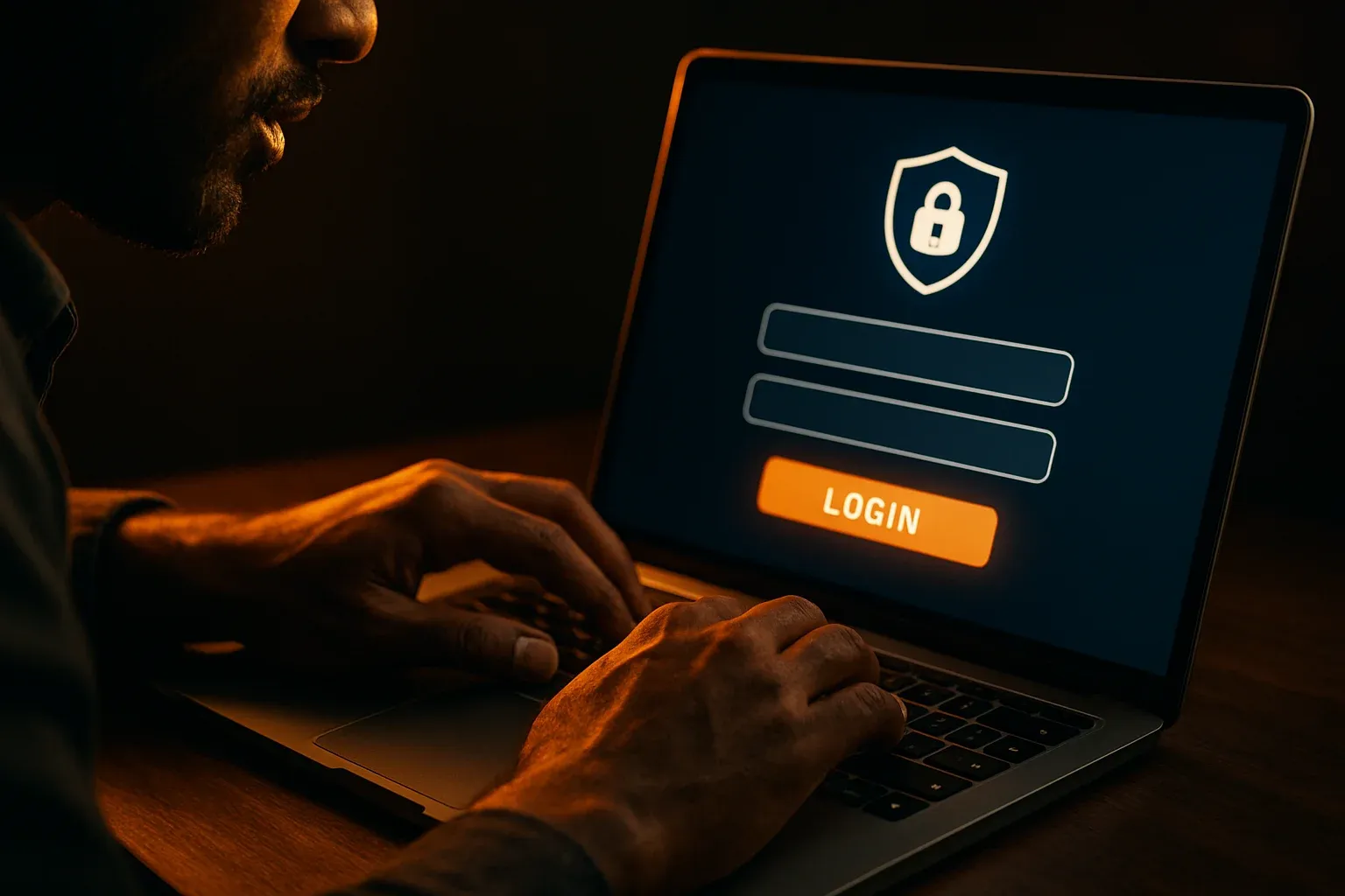 Bangladeshi man's hands on laptop showing stylized login form screen