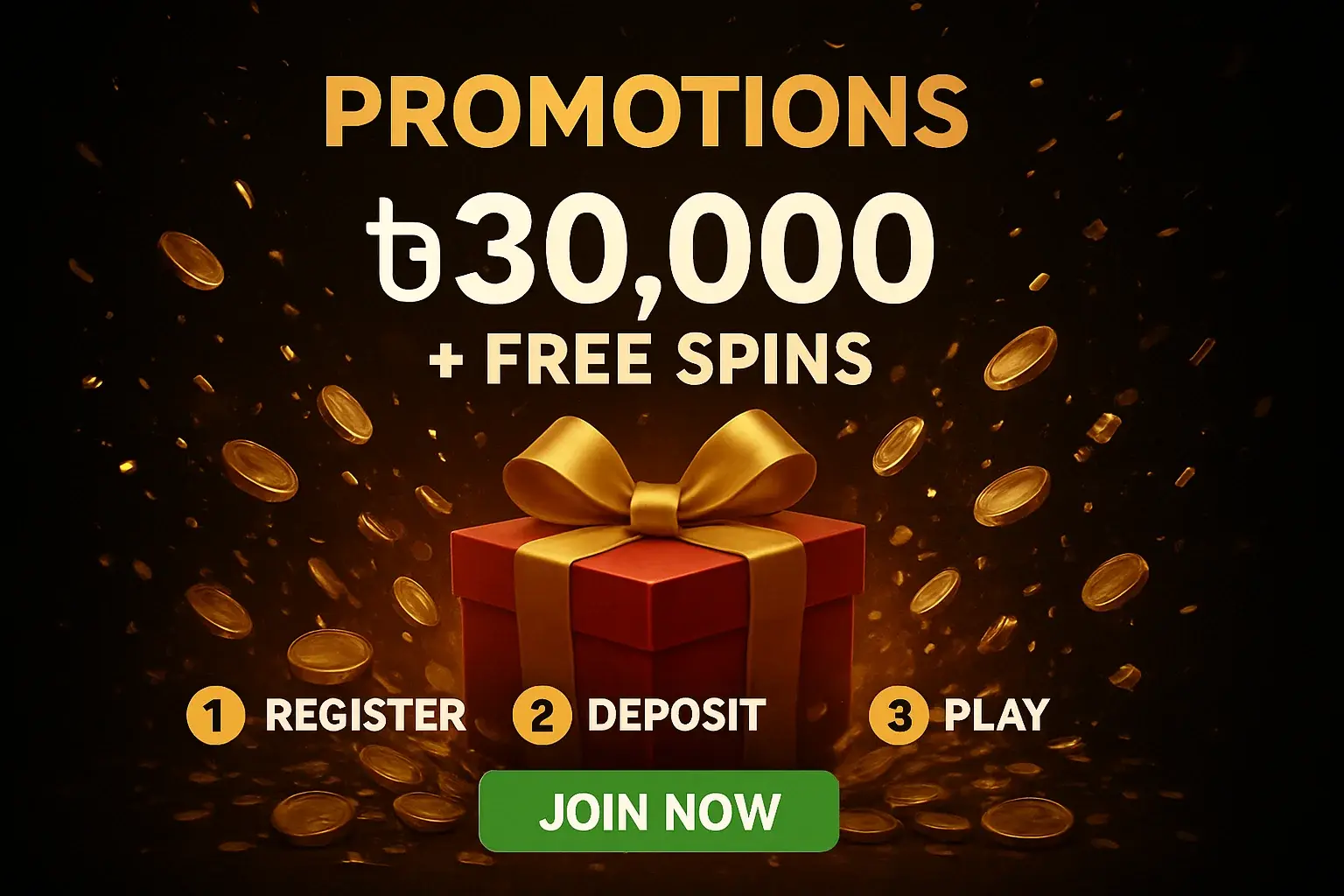 Casino promotions banner with gift box, golden coins, confetti, and CTA