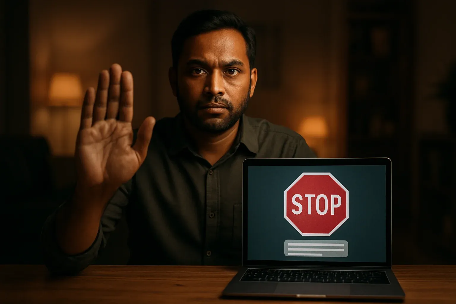 Bangladeshi man shows stop gesture beside laptop with responsible gambling limit screen