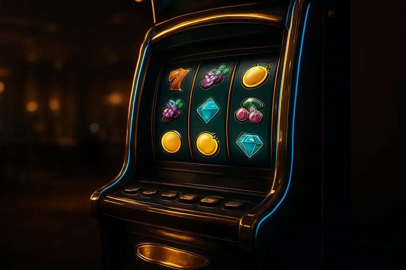 Hyperrealistic premium slot machine with glowing reels in luxury casino